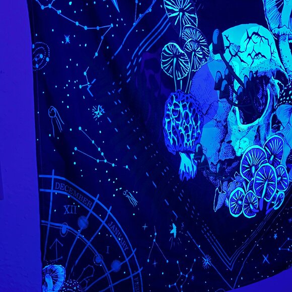 Skeleton skull mushroom stary night calendar blacklight Tapestry wall hanging - Picture 2 of 4